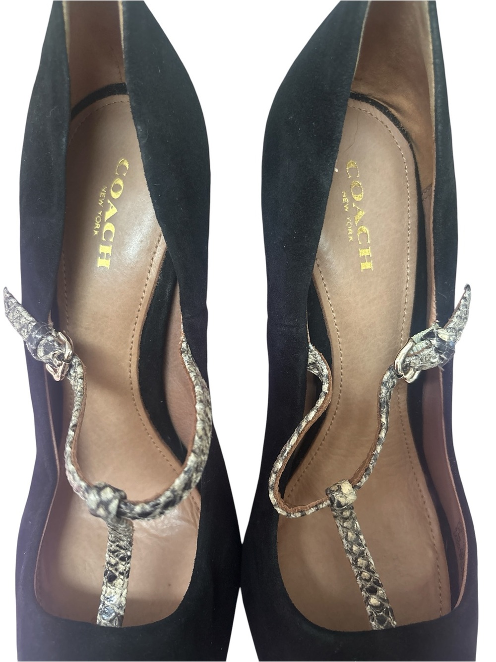 Coach Fulton Black Suede Pointed-Toe Heels with Snake-Print T-Strap - Picture 2 of 5